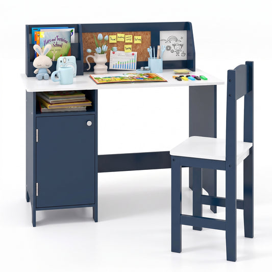 Blue kids table and chair set with bookshelf and cabinet, toddler furniture for bedroom by Wilsons Home Store