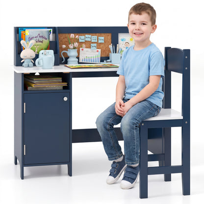 Kids Table and Chair Set with Bookshelf and Cabinet Study Table for Bedroom-Blue