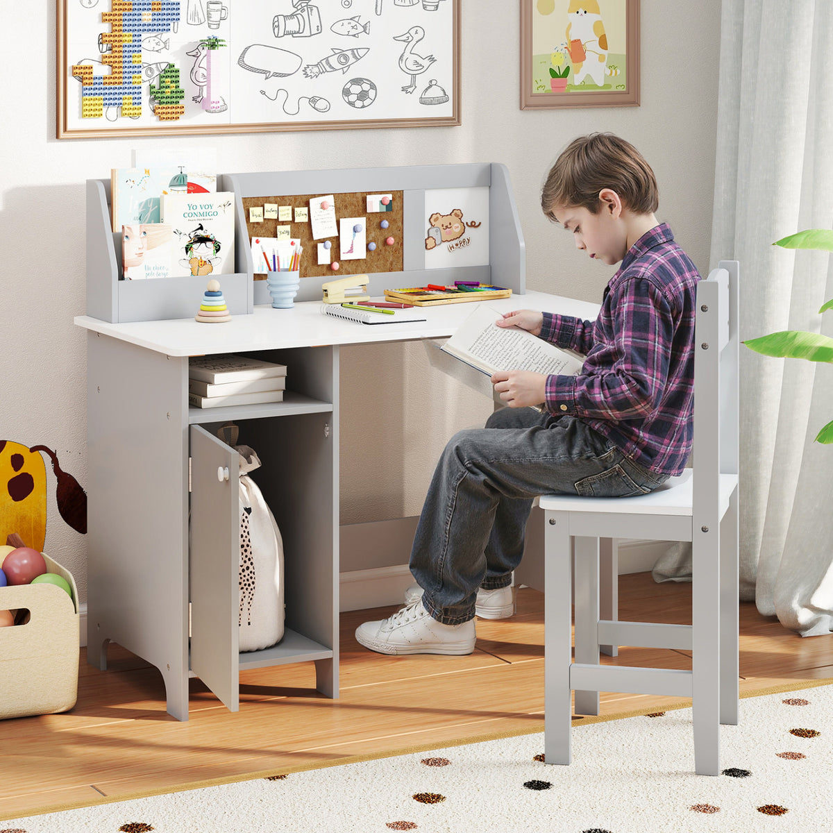 Kids Table and Chair Set with Bookshelf and Cabinet Study Table for Bedroom-Blue