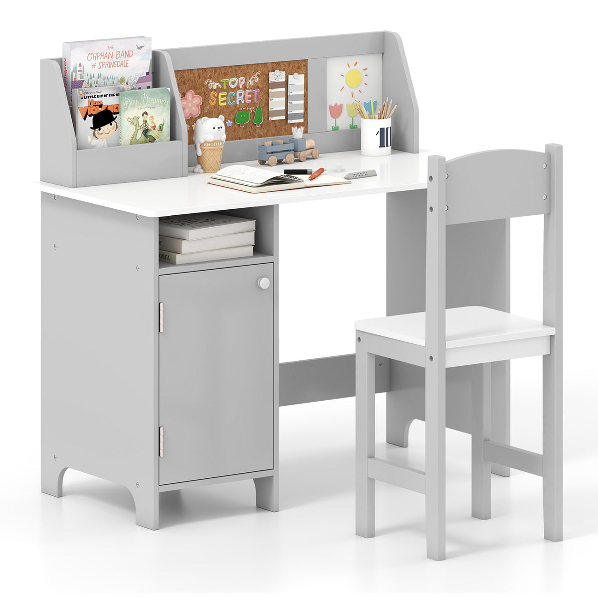 Kids Table and Chair Set with Bookshelf and Cabinet Study Table for Bedroom-Blue