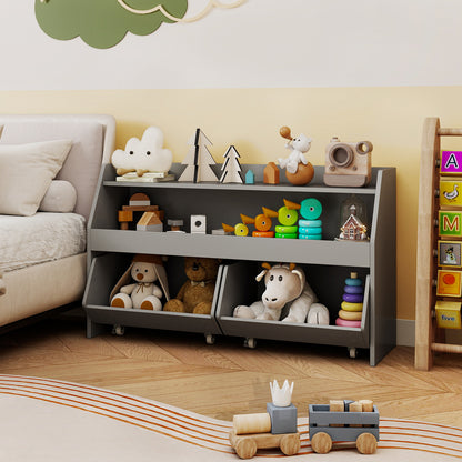 Kids Toy Storage Organizer Wooden Bookcase with 2 Movable Drawers-Gray