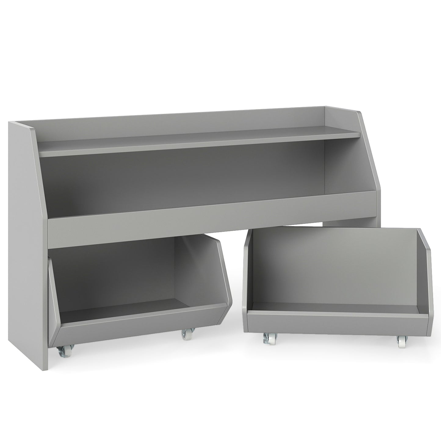 Kids Toy Storage Organizer Wooden Bookcase with 2 Movable Drawers-Gray
