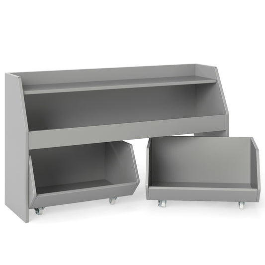 Kids Toy Storage Organizer Wooden Bookcase with 2 Movable Drawers-Gray