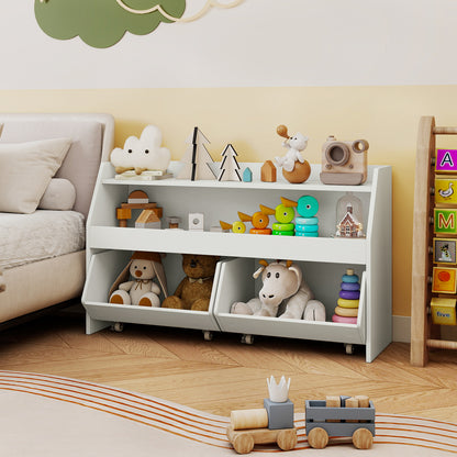 Kids Toy Storage Organizer Wooden Bookcase with 2 Movable Drawers-Gray