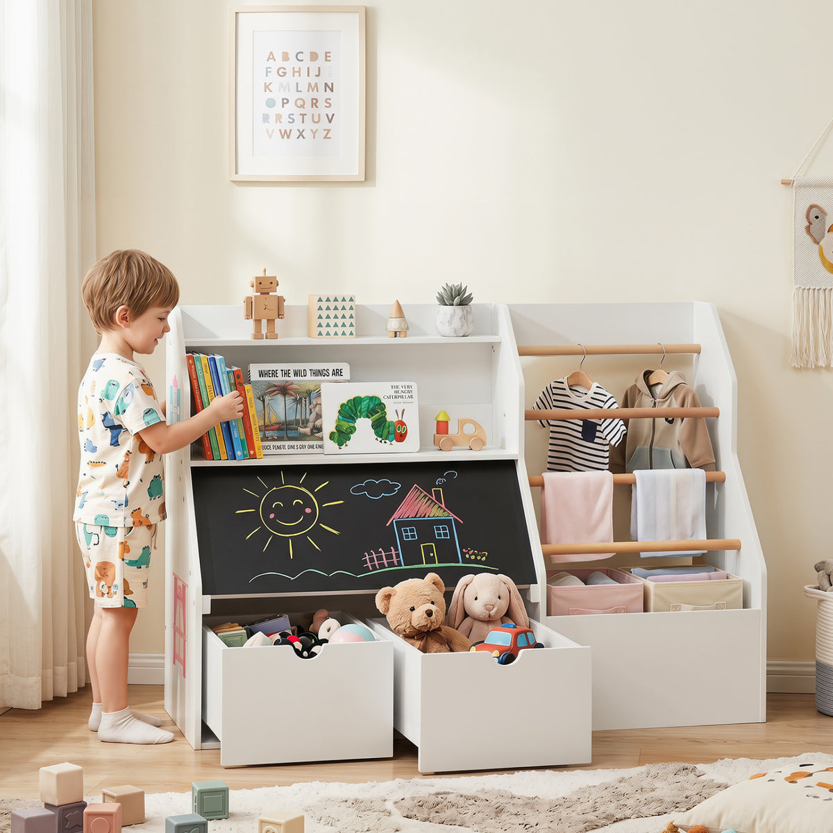 Kids toy storage organizer with flip-up blackboard, white finish, designed for toddlers and kids, by Direct by Wilsons Home Store.
