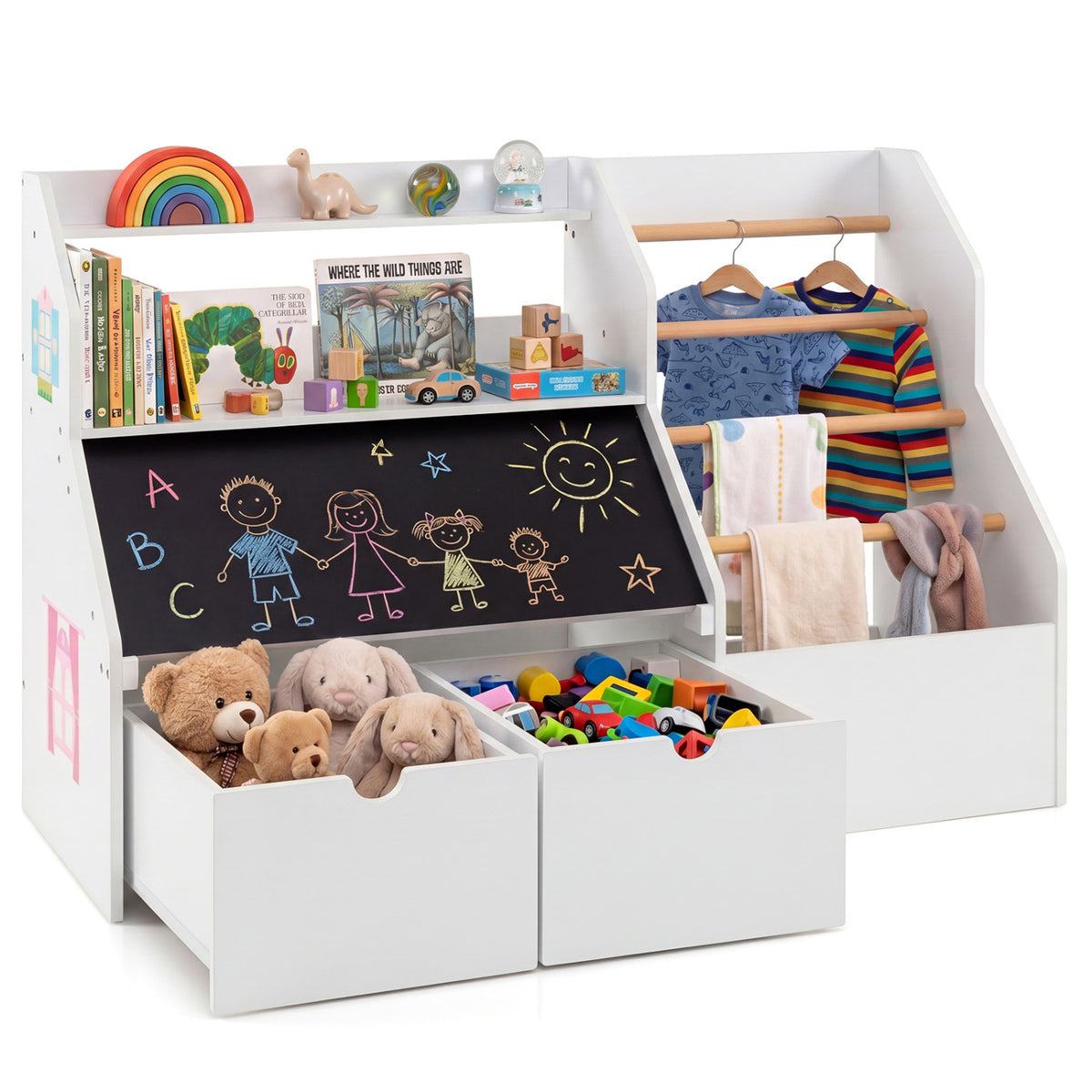 Kids toy storage organizer with flip-up blackboard, white finish, by Direct by Wilsons Home Store for toddler and kids' room.