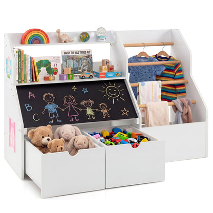 Kids toy storage organizer with flip-up blackboard, white finish, by Direct by Wilsons Home Store for toddler and kids' room.