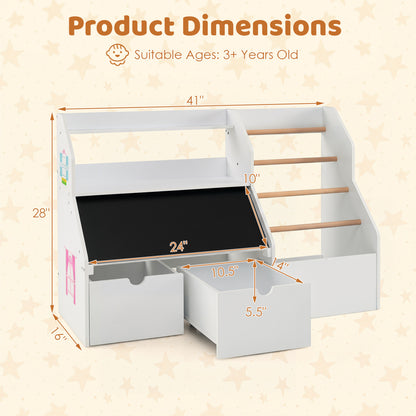 Kids toy storage organizer by Wilsons Home Store with flip-up blackboard, white finish, designed for toddler and kids room storage.