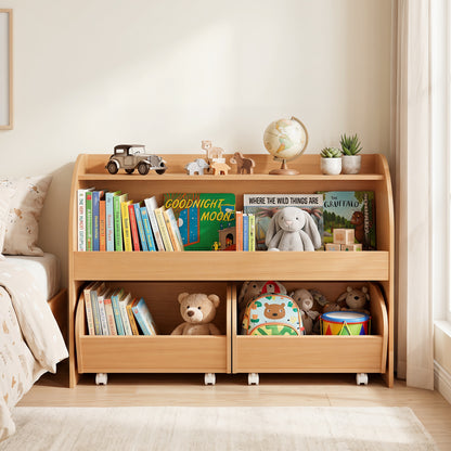 Kids Toy Storage Organizer with 2 Rolling Drawers & 3-Tier Bookshelf for Playroom-Natural