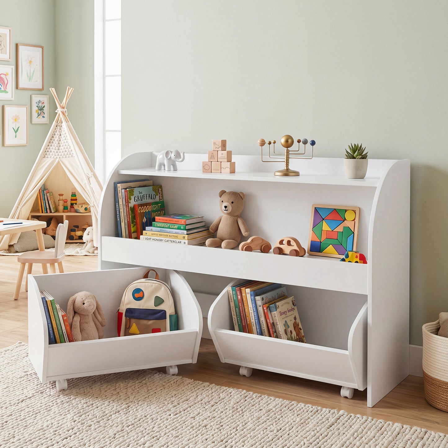 Kids Toy Storage Organizer with 2 Rolling Drawers & 3-Tier Bookshelf for Playroom-Natural