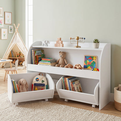 Kids Toy Storage Organizer with 2 Rolling Drawers & 3-Tier Bookshelf for Playroom-Natural