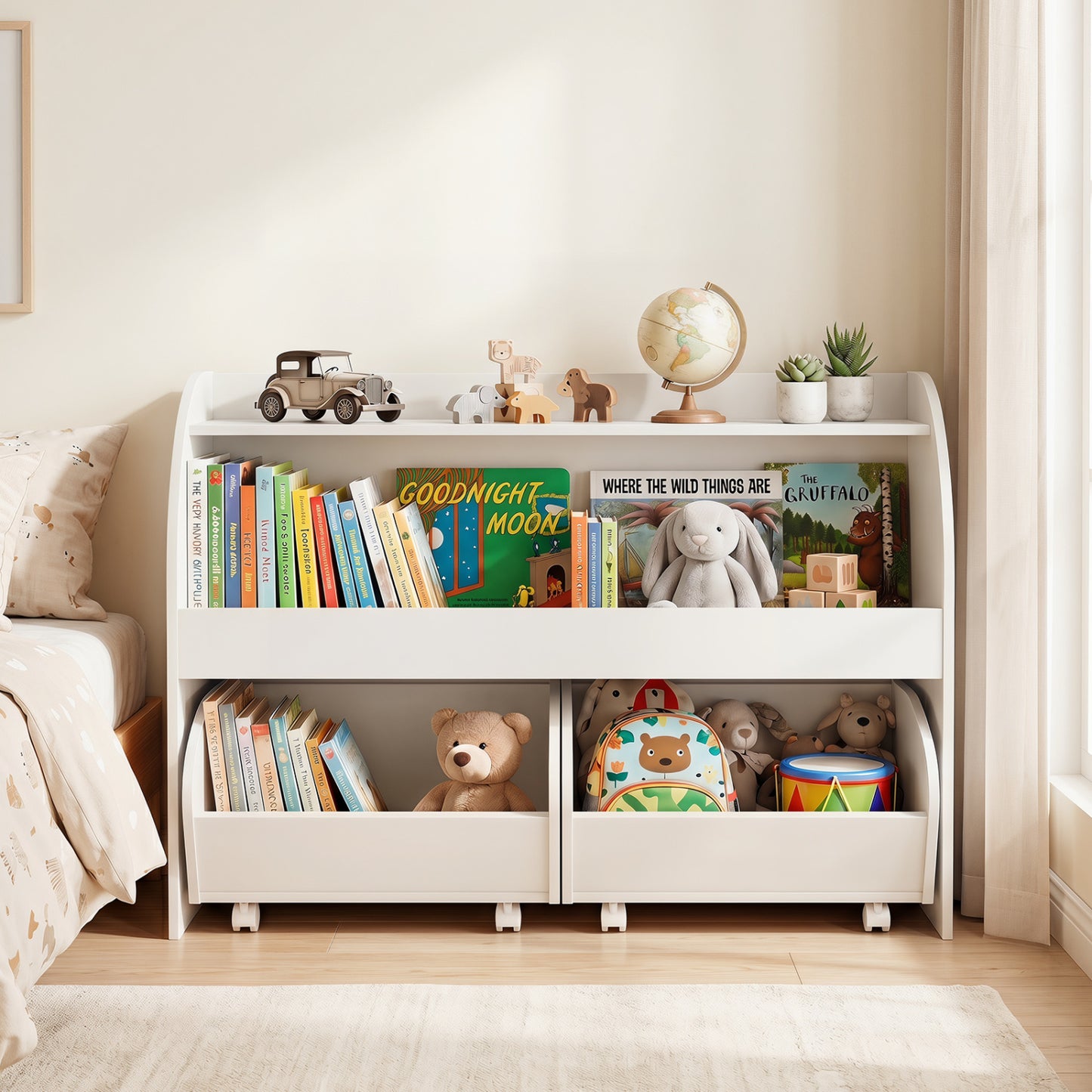 Kids Toy Storage Organizer with 2 Rolling Drawers & 3-Tier Bookshelf for Playroom-Natural
