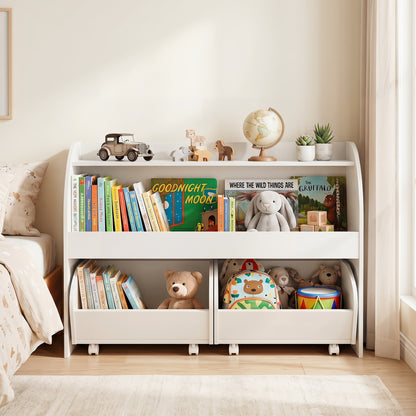 Kids Toy Storage Organizer with 2 Rolling Drawers & 3-Tier Bookshelf for Playroom-Natural