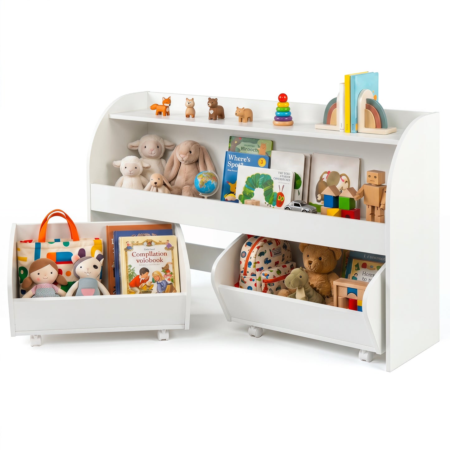 Kids Toy Storage Organizer with 2 Rolling Drawers & 3-Tier Bookshelf for Playroom-Natural