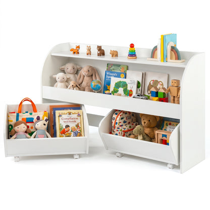Kids Toy Storage Organizer with 2 Rolling Drawers & 3-Tier Bookshelf for Playroom-Natural
