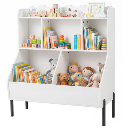 Kids Toy Storage Organizer Wooden Montessori Bookshelf with 5 Storage Cubes-Natural