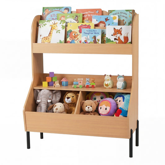 Wooden kids toy storage organizer with two bins, Montessori-style bookshelf in natural wood finish for toddler and kids room.