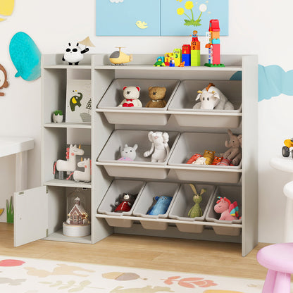 Kids Toy Storage and Bookshelf with Open Shelves and Single-door Cabinet-Gray