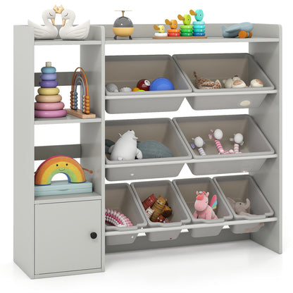 Kids Toy Storage and Bookshelf with Open Shelves and Single-door Cabinet-Gray
