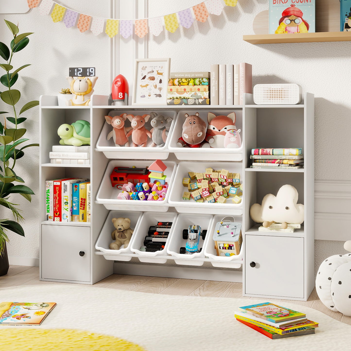 Kids Toy Storage and Bookshelf with Boxes and Open Shelves-Gray