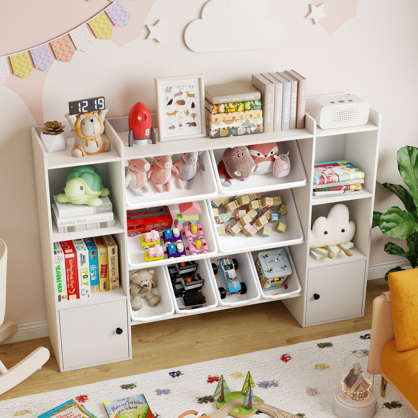 Kids Toy Storage and Bookshelf with Boxes and Open Shelves-Gray