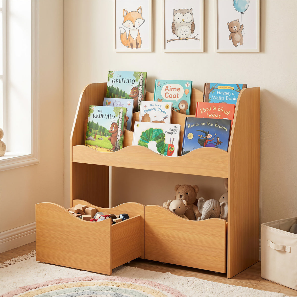 Kids wooden toy storage organizer with two rolling drawers, natural finish, designed for kids' bedrooms, by Wilsons Home Store.