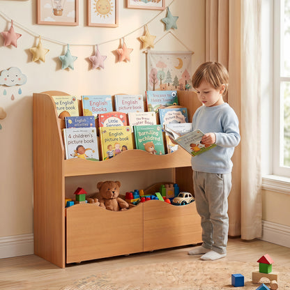 Kids wooden storage organizer with two rolling drawers, ideal for toddler and kids rooms, made of natural wood.