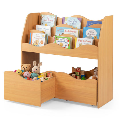 Wooden kids toy storage organizer with two rolling drawers, natural finish, suitable for toddler and kids' rooms.