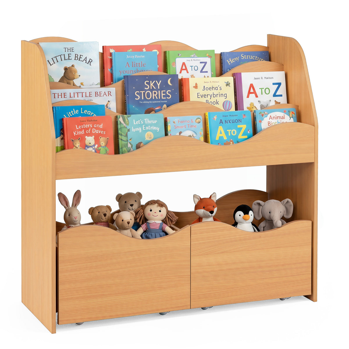 Wooden kids toy storage organizer with two rolling drawers, natural finish, designed for toddlers' room organization.