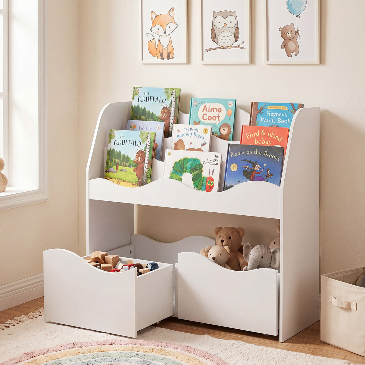 Wooden kids toy storage organizer with two rolling drawers, natural finish, suitable for toddler and kids rooms.