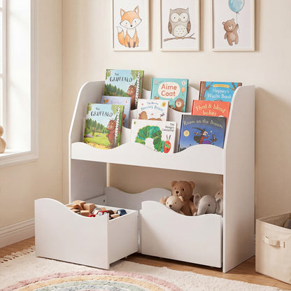 Wooden kids toy storage organizer with two rolling drawers, natural finish, suitable for toddler and kids rooms.