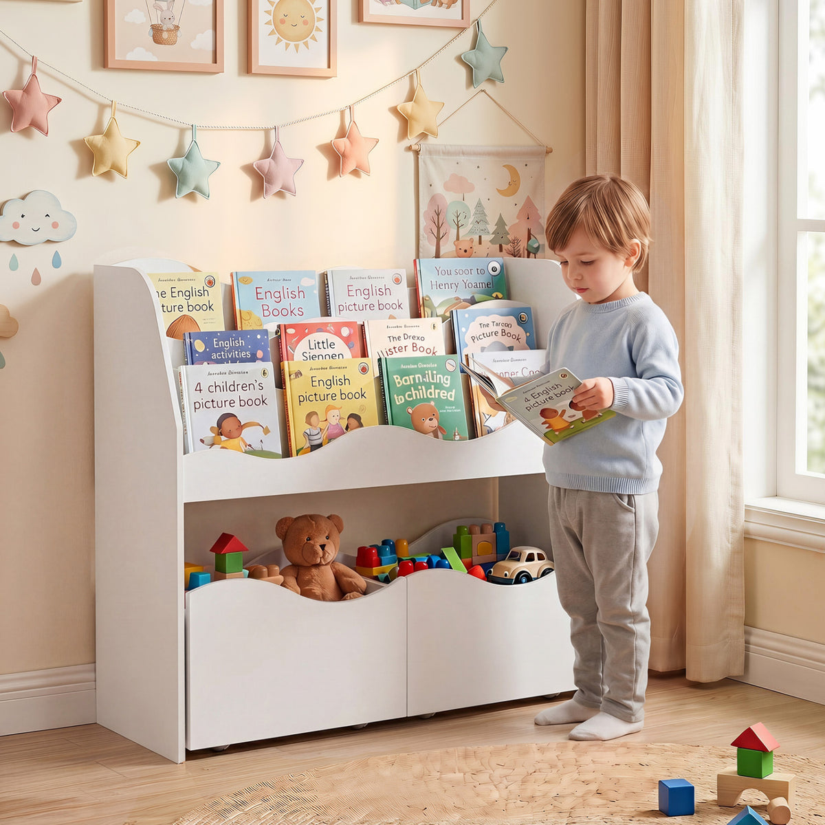 Wooden kids' toy storage organizer with two rolling drawers, natural finish, ideal for toddler and kids' rooms.