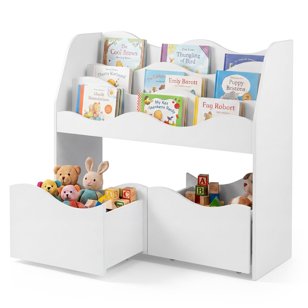 Wooden kids toy storage organizer with two rolling drawers, natural finish, designed for kids' rooms for easy toy organization.