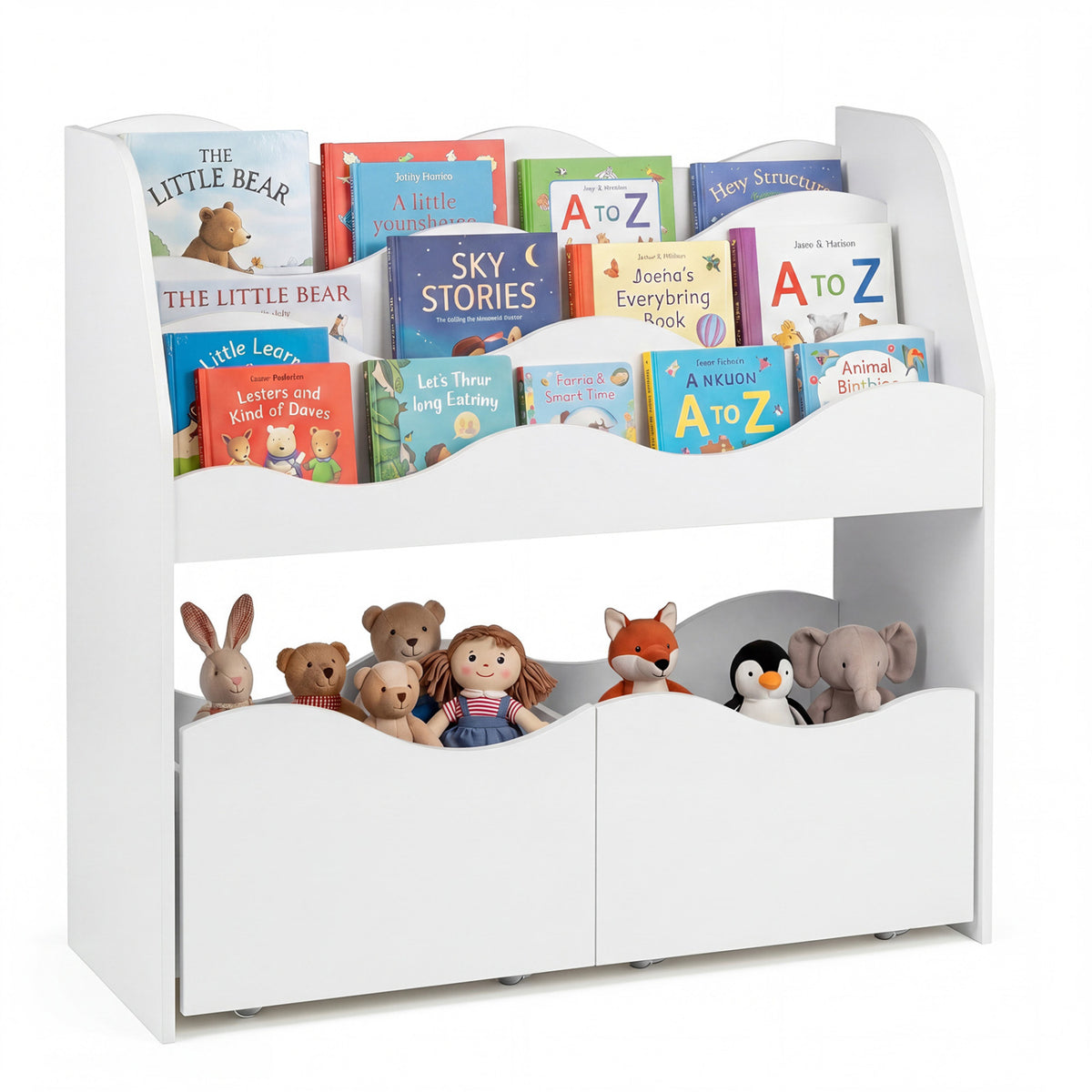 Wooden kids toy storage organizer with two rolling drawers in natural finish, suitable for toddler and kids' rooms.