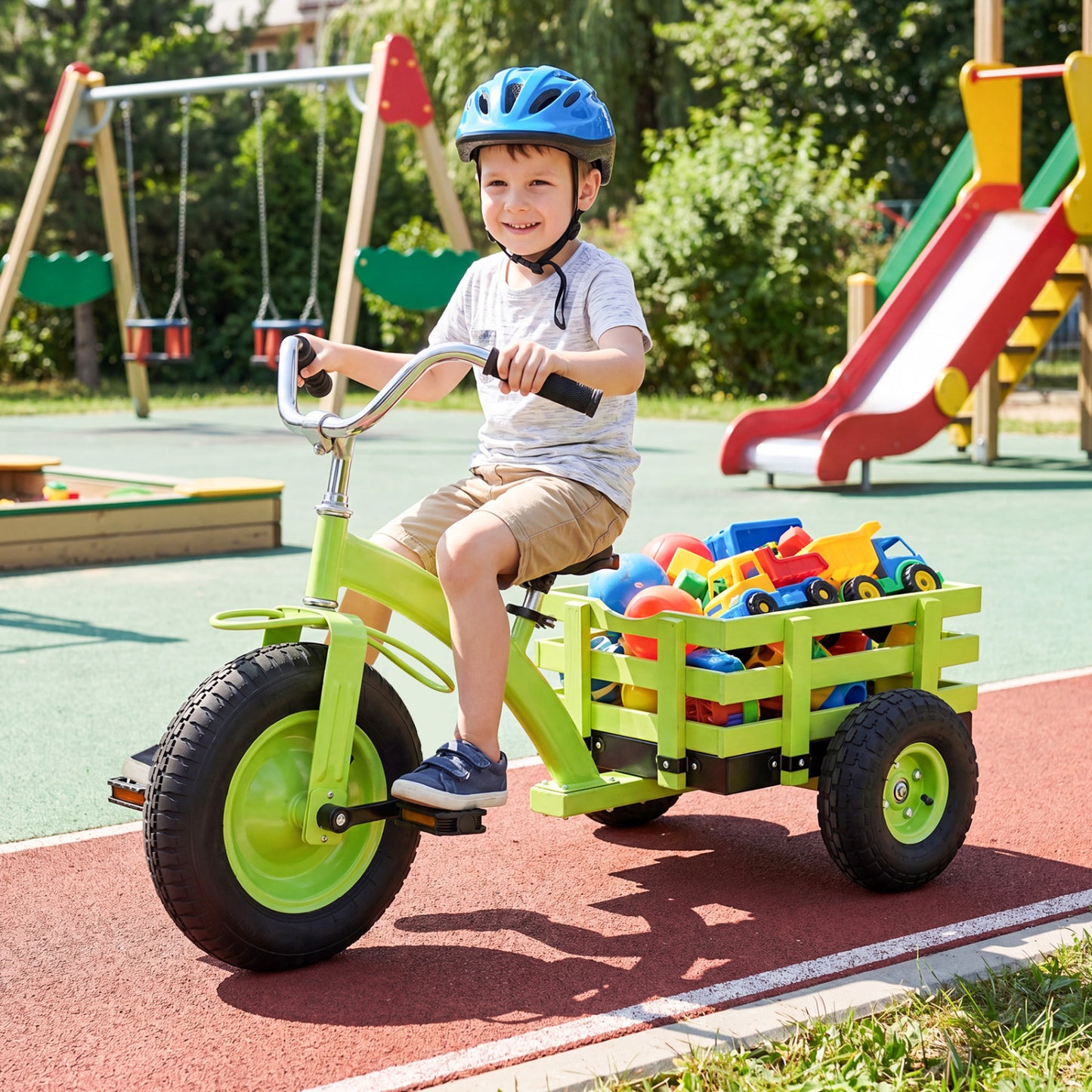 Green kids tricycle with 15-inch inflatable rubber tires, designed for push and pedal riding, perfect for active play.
