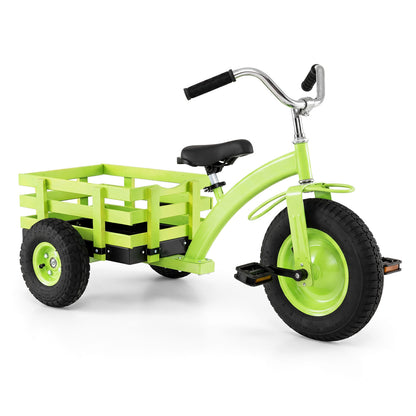 Green kids tricycle with 15-inch inflatable rubber tires, designed for young children to ride and pedal comfortably.