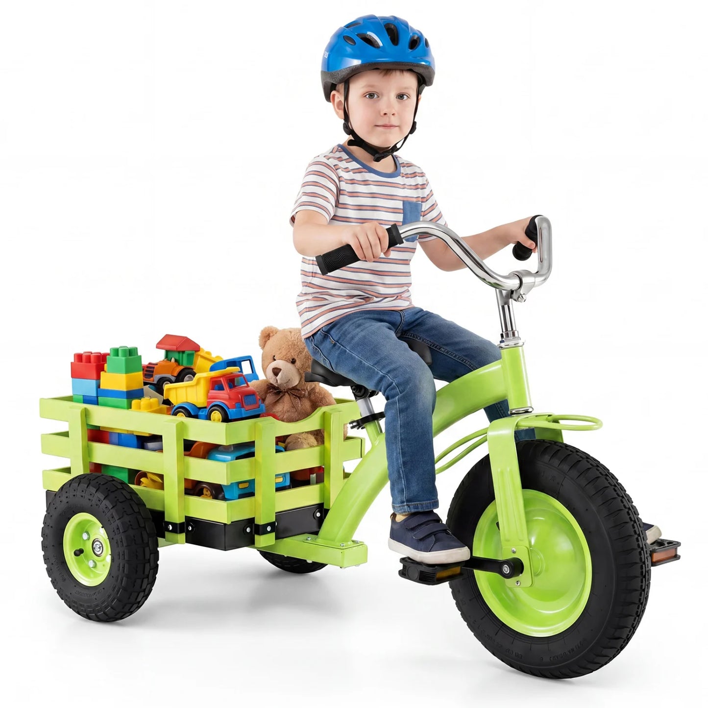 Kids green tricycle with 15-inch inflatable rubber tires, ideal for ride-on toys and outdoor play for children.