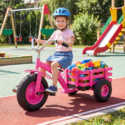 Kids green tricycle with 15-inch inflatable rubber tires, sturdy push and pedal ride-on toy for children.