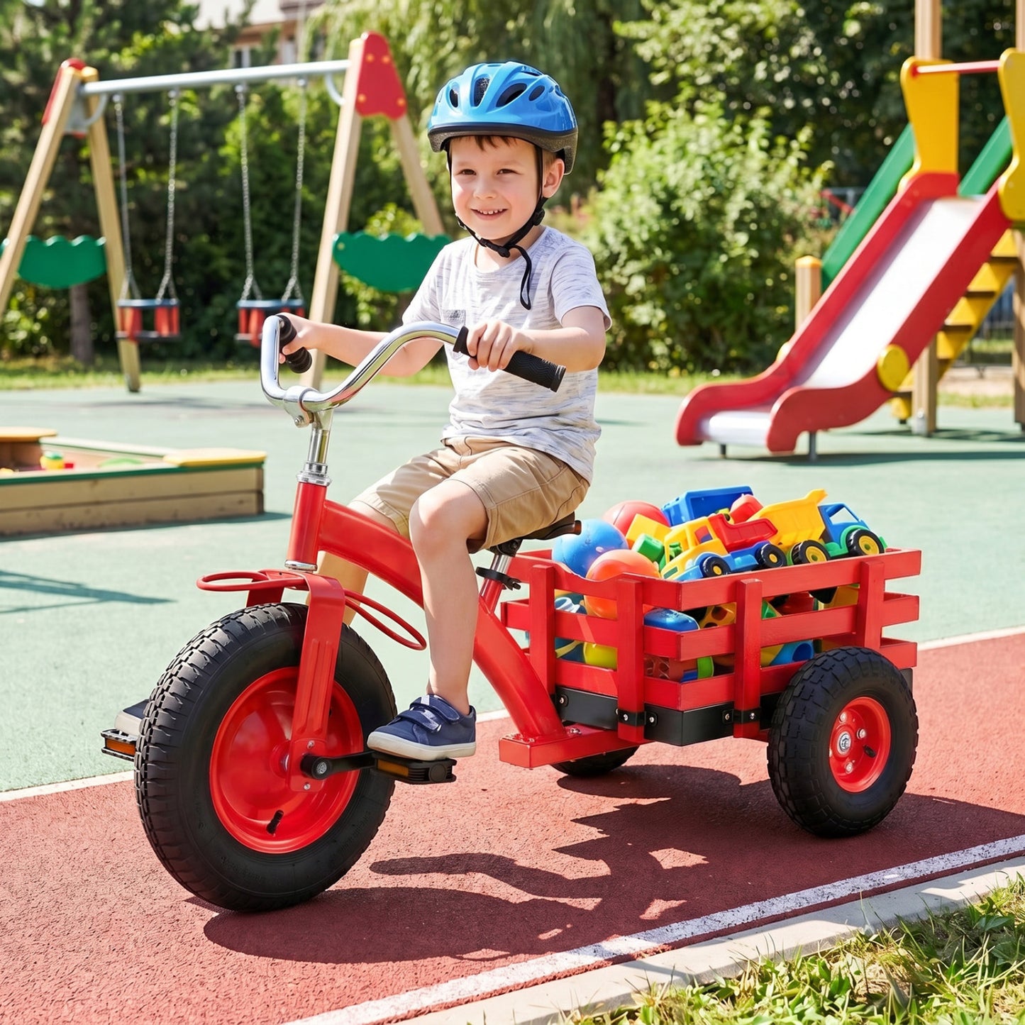 Green kids tricycle with 15-inch inflatable rubber tires, designed for push and pedal riding, perfect for outdoor play.