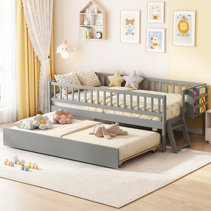 Kids Twin Size Bed with Trundle with Bookshelf and 2-Step Ladder 15 Plywood Slats for Girls and Boys-Gray