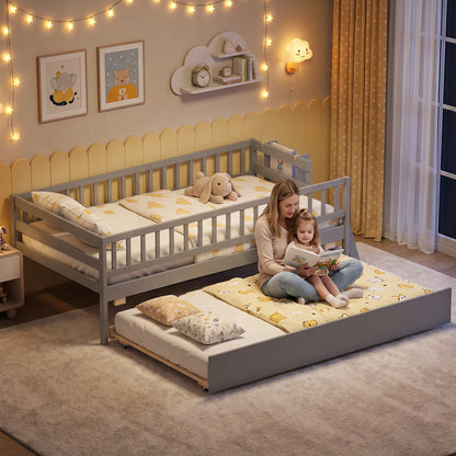 Kids Twin Size Bed with Trundle with Bookshelf and 2-Step Ladder 15 Plywood Slats for Girls and Boys-Gray