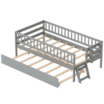 Kids Twin Size Bed with Trundle with Bookshelf and 2-Step Ladder 15 Plywood Slats for Girls and Boys-Gray