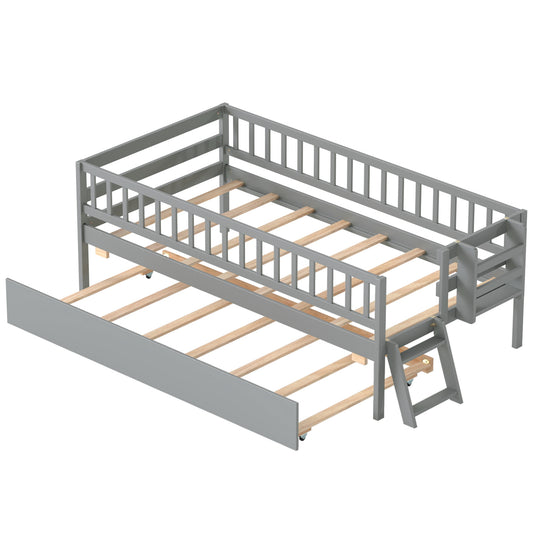Kids Twin Size Bed with Trundle with Bookshelf and 2-Step Ladder 15 Plywood Slats for Girls and Boys-Gray