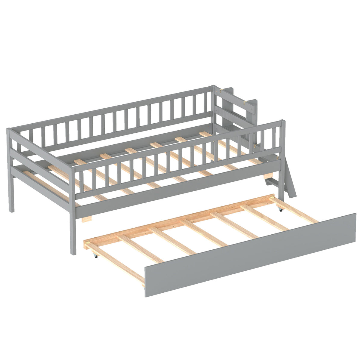 Kids Twin Size Bed with Trundle with Bookshelf and 2-Step Ladder 15 Plywood Slats for Girls and Boys-Gray