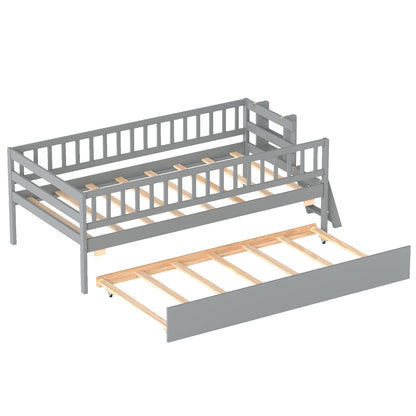 Kids Twin Size Bed with Trundle with Bookshelf and 2-Step Ladder 15 Plywood Slats for Girls and Boys-Gray