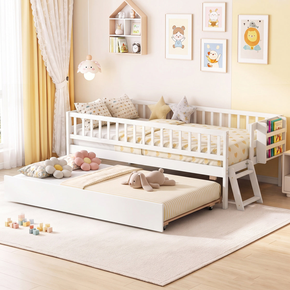 Kids Twin Size Bed with Trundle with Bookshelf and 2-Step Ladder 15 Plywood Slats for Girls and Boys-Gray