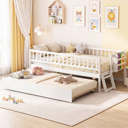 Kids Twin Size Bed with Trundle with Bookshelf and 2-Step Ladder 15 Plywood Slats for Girls and Boys-Gray