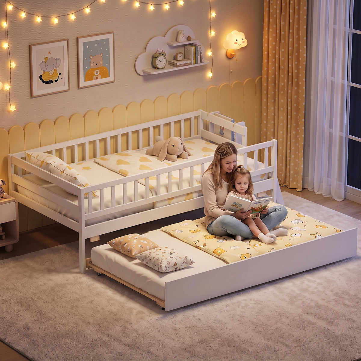 Kids Twin Size Bed with Trundle with Bookshelf and 2-Step Ladder 15 Plywood Slats for Girls and Boys-Gray