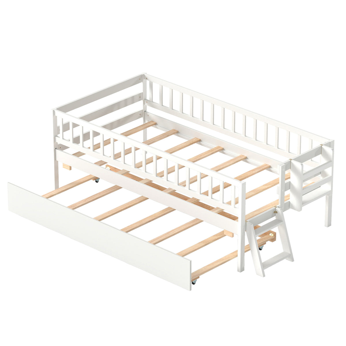 Kids Twin Size Bed with Trundle with Bookshelf and 2-Step Ladder 15 Plywood Slats for Girls and Boys-Gray