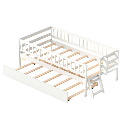 Kids Twin Size Bed with Trundle with Bookshelf and 2-Step Ladder 15 Plywood Slats for Girls and Boys-Gray